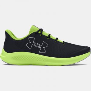 Scarpe da corsa Grade School Under Armour Charged Pursuit 3 Big Logo da ragazzo Nero / Morph Verde / Mod Grigio 40