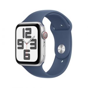 Apple Watch SE (2ª gen.) GPS + Cellular 44 mm Smartwatch con cassa in alluminio Argento e Cinturino Sport Denim - M/L. Tracker per il fitness e il sonno