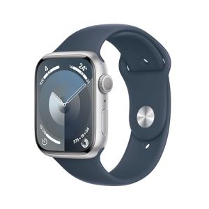 Apple Watch Series 9 GPS 45mm Smartwatch con cassa in alluminio color argento e Cinturino Sport blu tempesta - M/L. Fitness tracker